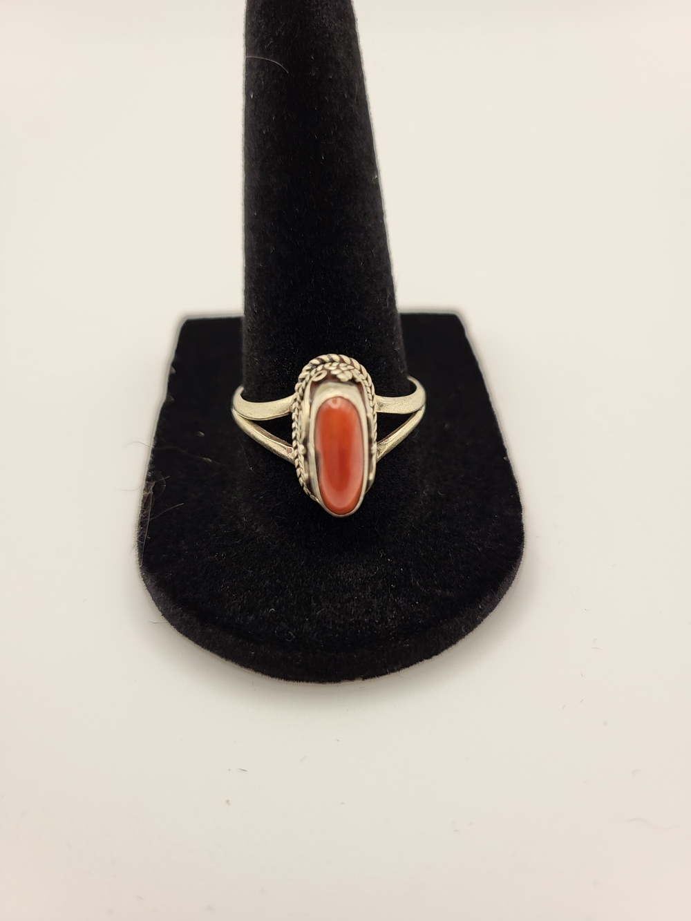 Sterling Silver Red Coral Oval Ring Adjustable, 925